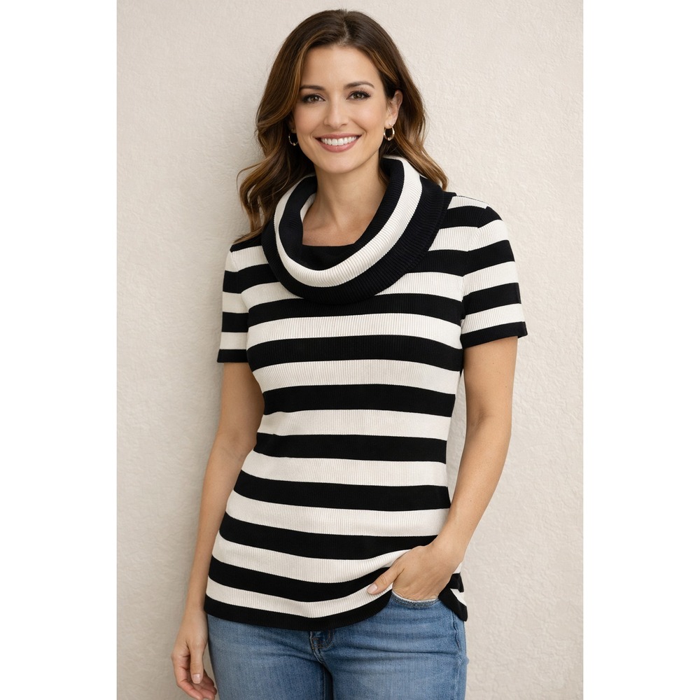 NWT INC International Concepts Black White Stripe Cowl Neck Silk Sweater PM